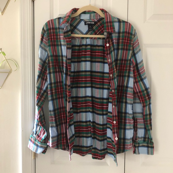 Lands’ End | Blue Green Red Flannel Button Down Short Long Sleeves Size 4 - Picture 3 of 7